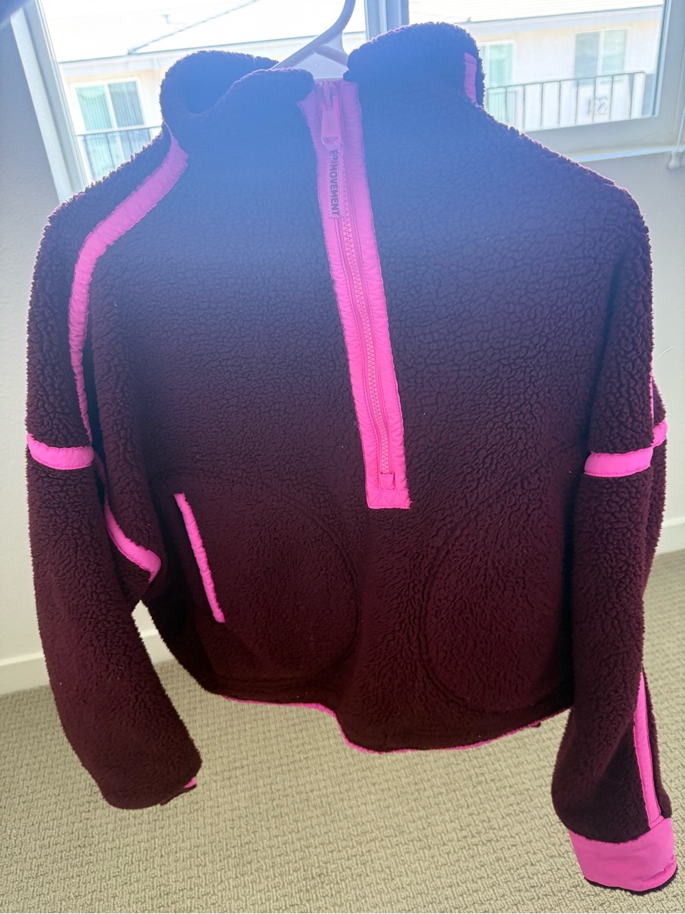 Free People Maroon Teddy Pullover with Pink Trim